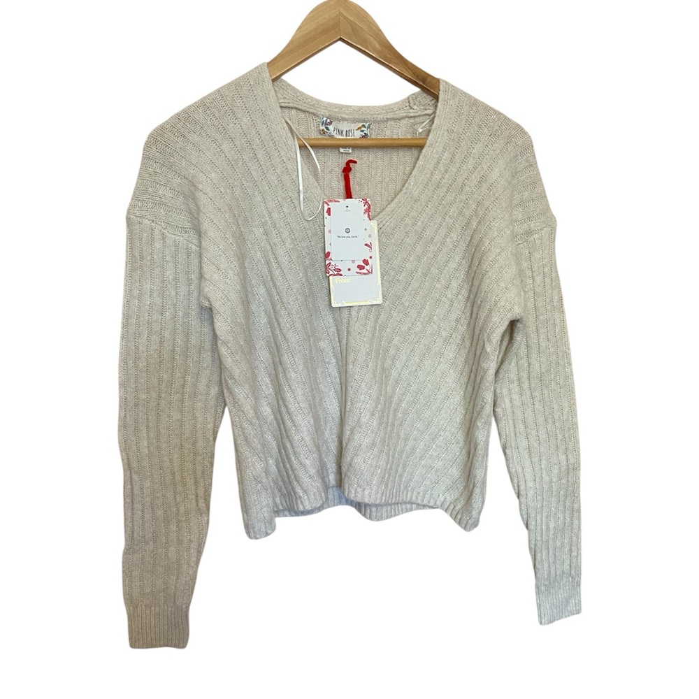 Pink Rose Super Soft V-Neck Crop Sweater - Cream